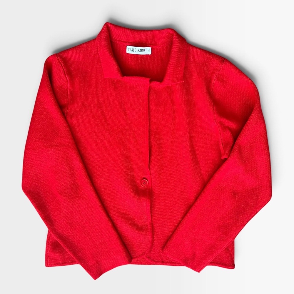 Grace Karin Red Knit Cardigan Sweater Collared Single Button Long Sleeve XL